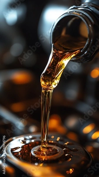 Obraz Close-up of pouring amber liquid from a bottle. Suitable for materials about drinks and cooking.