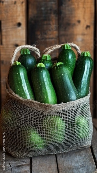 Obraz Fresh green zucchini in a wicker bag on a wooden table. In the kitchen and in cooking articles.