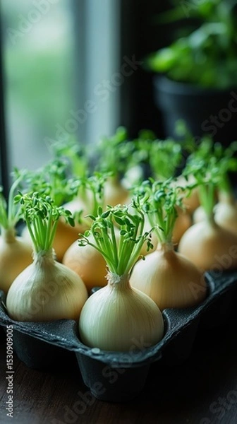 Obraz Bulbs with green shoots in a box on the windowsill. Suitable for articles about gardening, growing plants and ecology.