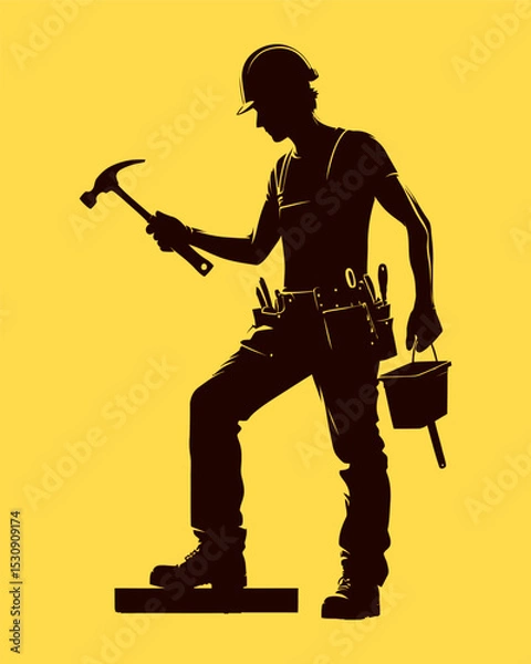 Obraz Construction worker with toolbox and hammer vector silhouette on yellow background