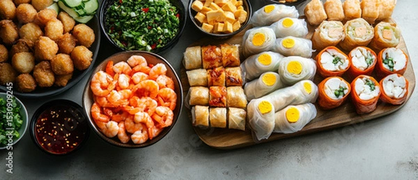 Obraz Variety of Asian appetizers and sauces on the table. Featuring cooking blogs, restaurant menus, and articles on healthy eating.