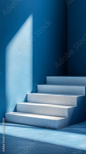 Obraz Minimalist interior with staircase and blue walls illuminated by soft light. Design blogs, furniture ads, architectural porfolios.