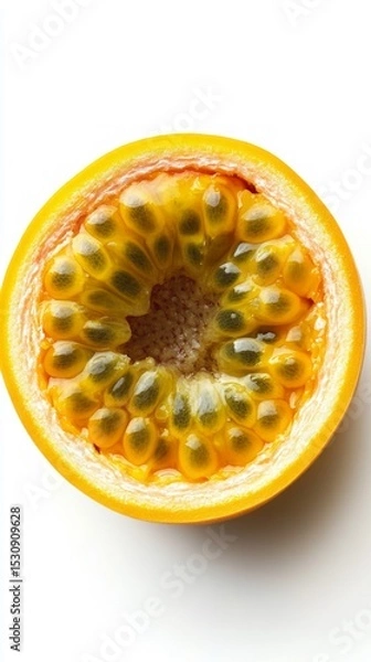 Obraz Close-up of a tropical fruit cut in half, showing the juicy pulp and seeds. In cooking blogs, articles about healthy eating, fresh food advertising.
