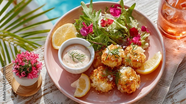 Obraz Deliciously plated crispy seafood fritters served with fresh salad, lemon wedges, and dipping sauce, creating a vibrant culinary experience. Selective focus