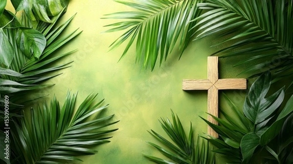 Obraz Green background with palm leaves and wooden cross. Suitable for themes related to religion, spirituality and nature.