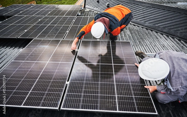 Fototapeta Professional technicians adjusting solar PV panels. Solar system installation on roof of house. Top view of two male workers in halmets and work overalls securing solar battery.