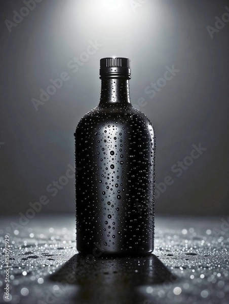 Obraz Black bottle with water droplets and spotlight
