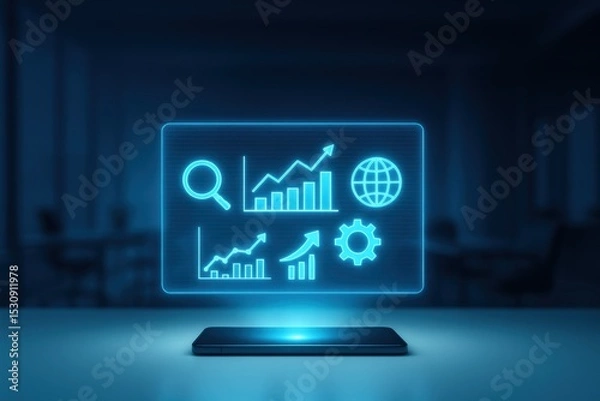 Fototapeta Futuristic glowing dashboard with SEO and analytics interface for digital business planning