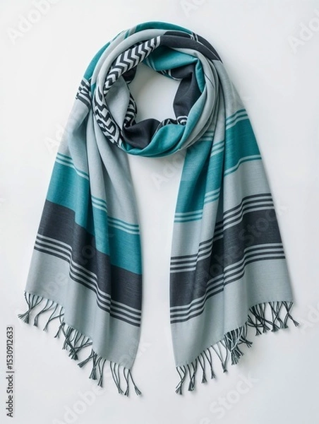 Obraz Striped scarf with fringe in cool tones
