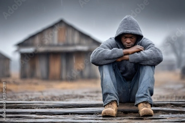 Fototapeta Refugee feeling hopeless and depressed in abandoned place under rain