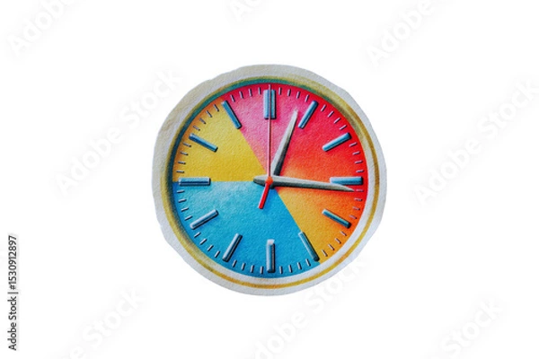 Fototapeta Colorful clock face divided into four color segments red yellow blue and orange with gold frame transparent background