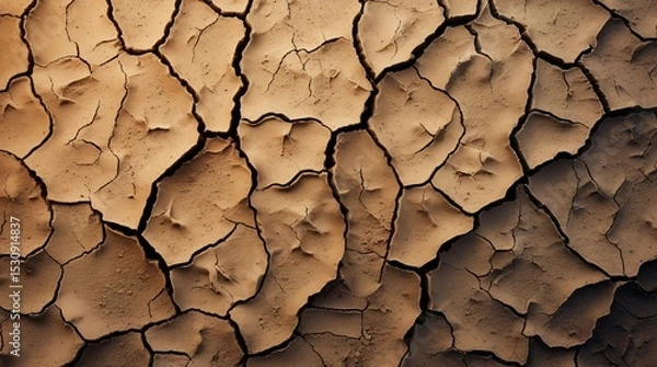 Fototapeta Cracked dry earth texture. Aerial view of parched soil surface for desert climate change and drought concepts.