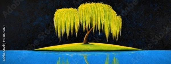 Fototapeta Nocturnal Weeping Willow A Yellow Tree on an Island in a Dark Blue Water