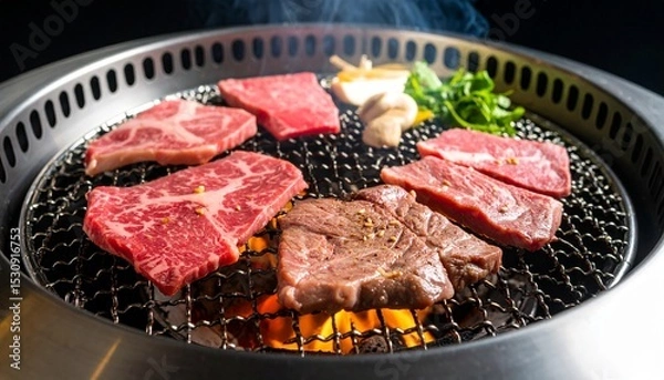 Obraz 網で牛肉を焼いている焼肉の様子