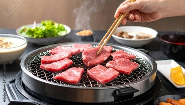 Obraz 網で牛肉を焼いている焼肉の様子