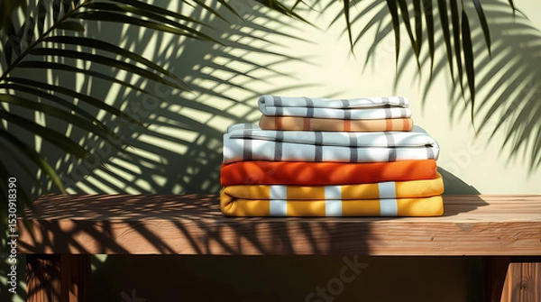 Fototapeta Resort Towel Stack in Warm Stripes on Weathered Bench with Palm Leaf Shadows and Tropical Ambiance, Generative AI