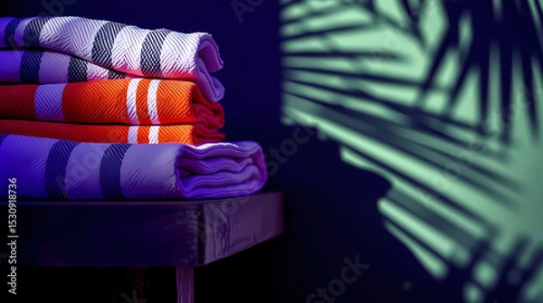 Fototapeta Resort Towel Stack in Warm Stripes on Weathered Bench with Palm Leaf Shadows and Tropical Ambiance, Generative AI