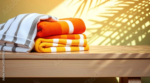 Fototapeta Resort Towel Stack in Warm Stripes on Weathered Bench with Palm Leaf Shadows and Tropical Ambiance, Generative AI
