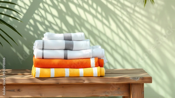 Fototapeta Resort Towel Stack in Warm Stripes on Weathered Bench with Palm Leaf Shadows and Tropical Ambiance, Generative AI