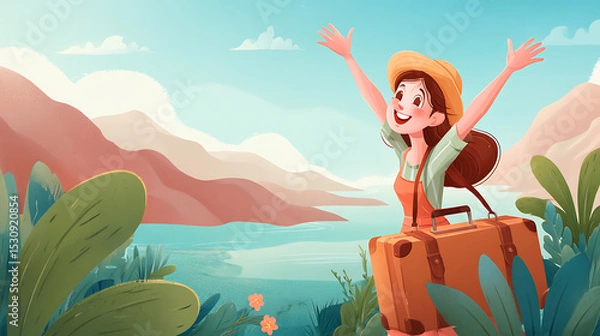Fototapeta Happy traveler with suitcase enjoying scenic mountain view by the lake on a sunny day