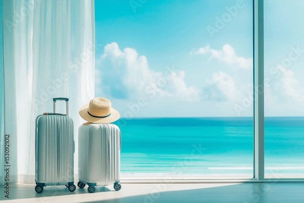 Obraz Two suitcase and hat in hotel seaview room with beautiful beach on background. Summer, travel and holiday concept. Copy space