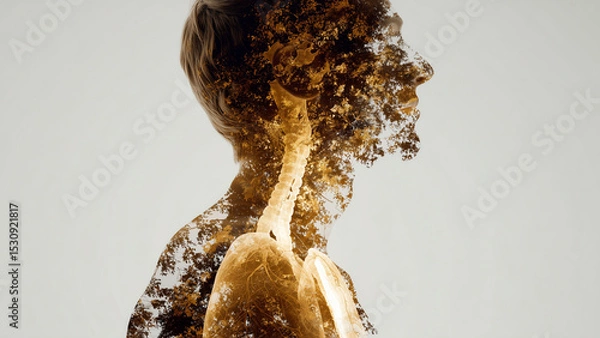 Fototapeta A human silhouette glows with soft golden light, with faint outlines of internal organs visible inside. The image radiates calm, health, and vitality, blending science with spiritual wellness themes.