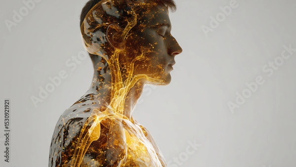 Fototapeta A human silhouette glows with soft golden light, with faint outlines of internal organs visible inside. The image radiates calm, health, and vitality, blending science with spiritual wellness themes.