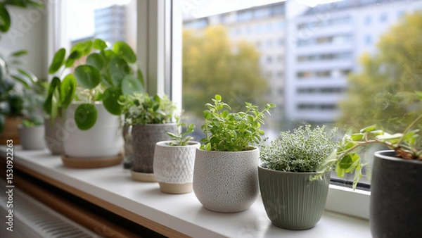 Fototapeta A minimalist indoor garden in a small apartment featuring a bright windowsill or vertical plant wall filled with lush greenery, bringing modern urban wellness and nature into a compact living space.