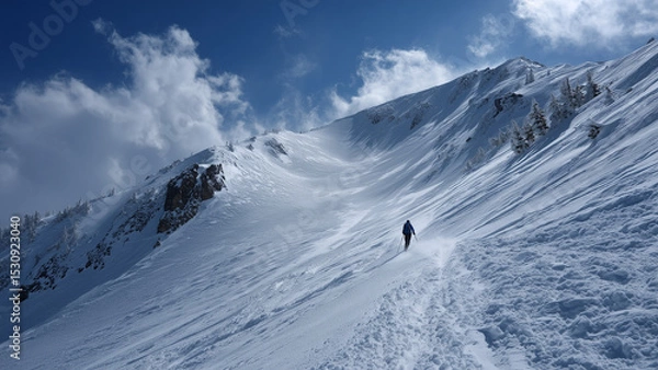 Fototapeta A solitary skier glides down a wide, untouched snowy slope beneath a clear bluebird sky. The expansive, peaceful landscape emphasizes solitude, freedom, and the beauty of alpine winter adventure.