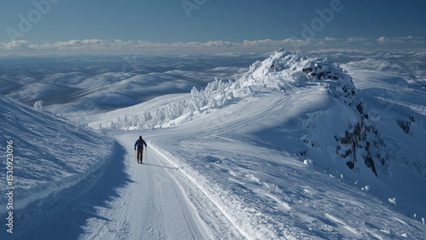Fototapeta A solitary skier glides down a wide, untouched snowy slope beneath a clear bluebird sky. The expansive, peaceful landscape emphasizes solitude, freedom, and the beauty of alpine winter adventure.