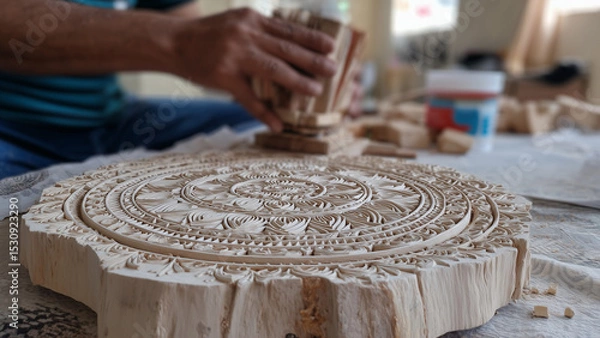 Fototapeta Intricate mandala art is hand-painted on a large wooden piece, showcasing detailed patterns and craftsmanship. The earthy tones and natural texture highlight spiritual and artistic expression.