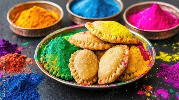 Obraz A bright and festive Holi celebration with a plate of Gujiyas surrounded by colors, sweets, and laughter