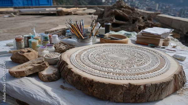 Fototapeta Intricate mandala art is hand-painted on a large wooden piece, showcasing detailed patterns and craftsmanship. The earthy tones and natural texture highlight spiritual and artistic expression.