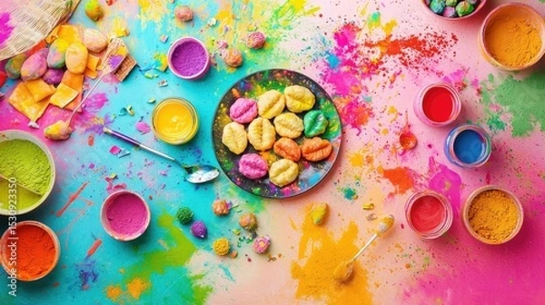 Obraz A bright and festive Holi celebration with a plate of Gujiyas surrounded by colors, sweets, and laughter