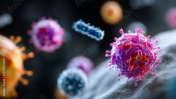 Fototapeta A color-enhanced microscopic image shows viruses attaching to a human cell surface, with vivid textures and nearby bacteria, set against a dark background to highlight infection and microbial activity