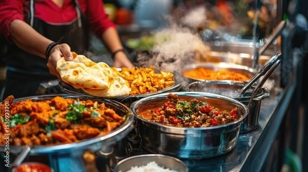 Obraz A bustling Indian food stall where a vendor is cooking crispy naan alongside simmering traditional curry