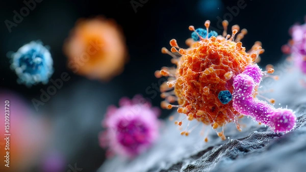 Fototapeta A color-enhanced microscopic image shows viruses attaching to a human cell surface, with vivid textures and nearby bacteria, set against a dark background to highlight infection and microbial activity