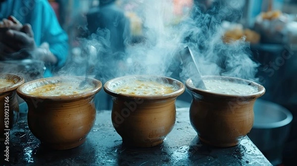 Obraz A bustling Indian street food stall serving steaming hot masala chai in traditional clay cups with a vibrant market background
