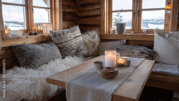 Fototapeta A cozy Nordic winter cottage interior features wooden furniture, soft woolen textiles, and handmade candles, embodying Scandinavian hygge with warmth, simplicity, and a strong connection to nature.