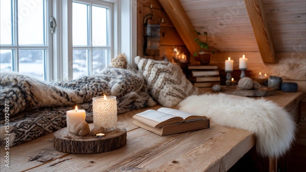 Fototapeta A cozy Nordic winter cottage interior features wooden furniture, soft woolen textiles, and handmade candles, embodying Scandinavian hygge with warmth, simplicity, and a strong connection to nature.