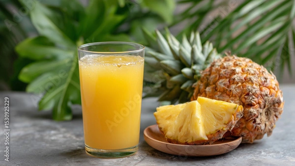 Fototapeta A glass of golden pineapple juice sits in focus, with a whole or sliced pineapple and its leafy crown in the background. The scene radiates tropical freshness, sweetness, and natural vitality.