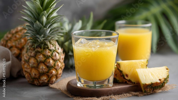 Fototapeta A glass of golden pineapple juice sits in focus, with a whole or sliced pineapple and its leafy crown in the background. The scene radiates tropical freshness, sweetness, and natural vitality.