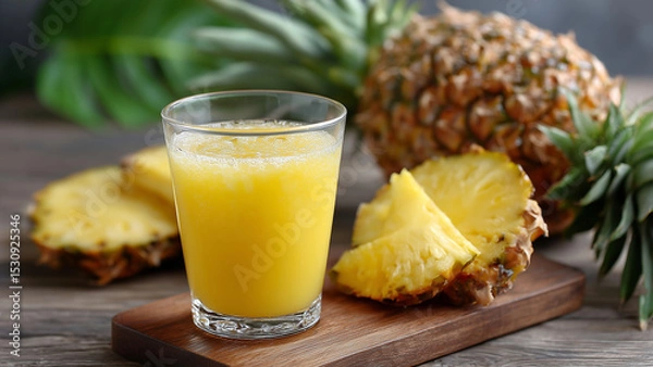 Fototapeta A glass of golden pineapple juice sits in focus, with a whole or sliced pineapple and its leafy crown in the background. The scene radiates tropical freshness, sweetness, and natural vitality.