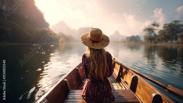 Fototapeta Serene woman in a straw hat on a boat, enjoying a tranquil river surrounded by mountains at sunset