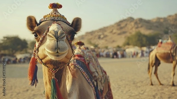 Obraz A beautifully adorned camel wearing intricate tassels and colorful beads poses proudly at the Pushkar Camel Fair, capturing the essence of Rajasthan.
