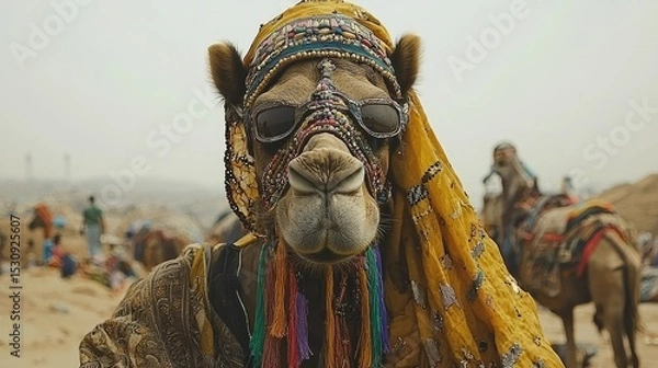 Obraz A beautifully adorned camel wearing intricate tassels and colorful beads poses proudly at the Pushkar Camel Fair, capturing the essence of Rajasthan.