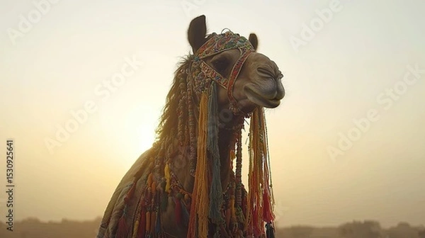 Obraz A beautifully adorned camel wearing intricate tassels and colorful beads poses proudly at the Pushkar Camel Fair, capturing the essence of Rajasthan.