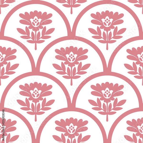 Fototapeta Scalloped arches floral seamless pattern. Hand drawn geometrical symmetrical flowers in pink and white colors. Scallop half circle repeat botanical ornament for wallpaper, textile and fabric printing