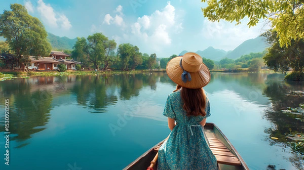 Fototapeta A serene woman in a straw hat gazes over a tranquil lake surrounded by lush greenery