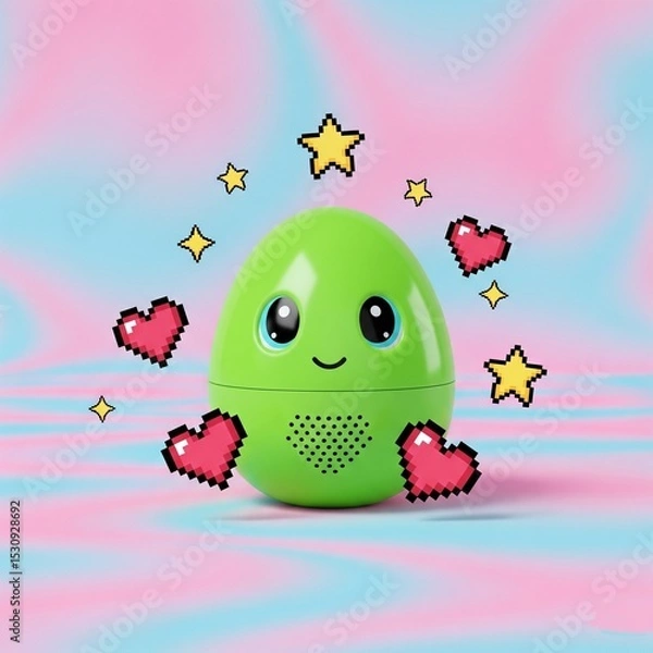 Obraz Cute Green Egg-Shaped Toy with Kawaii Face, Pixel Hearts, and Stars on Pastel Background